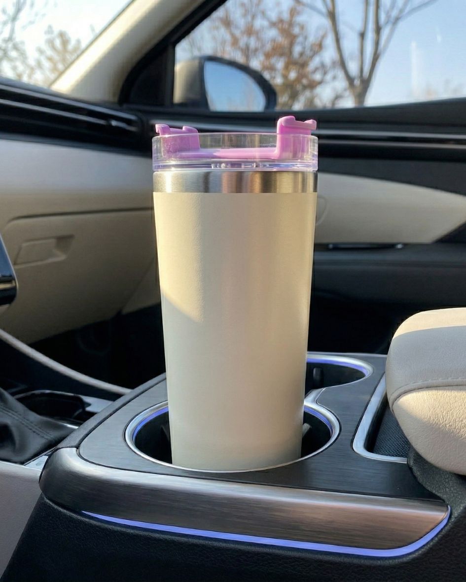Copo térmico bege com tampa rosa no suporte de copos de carro