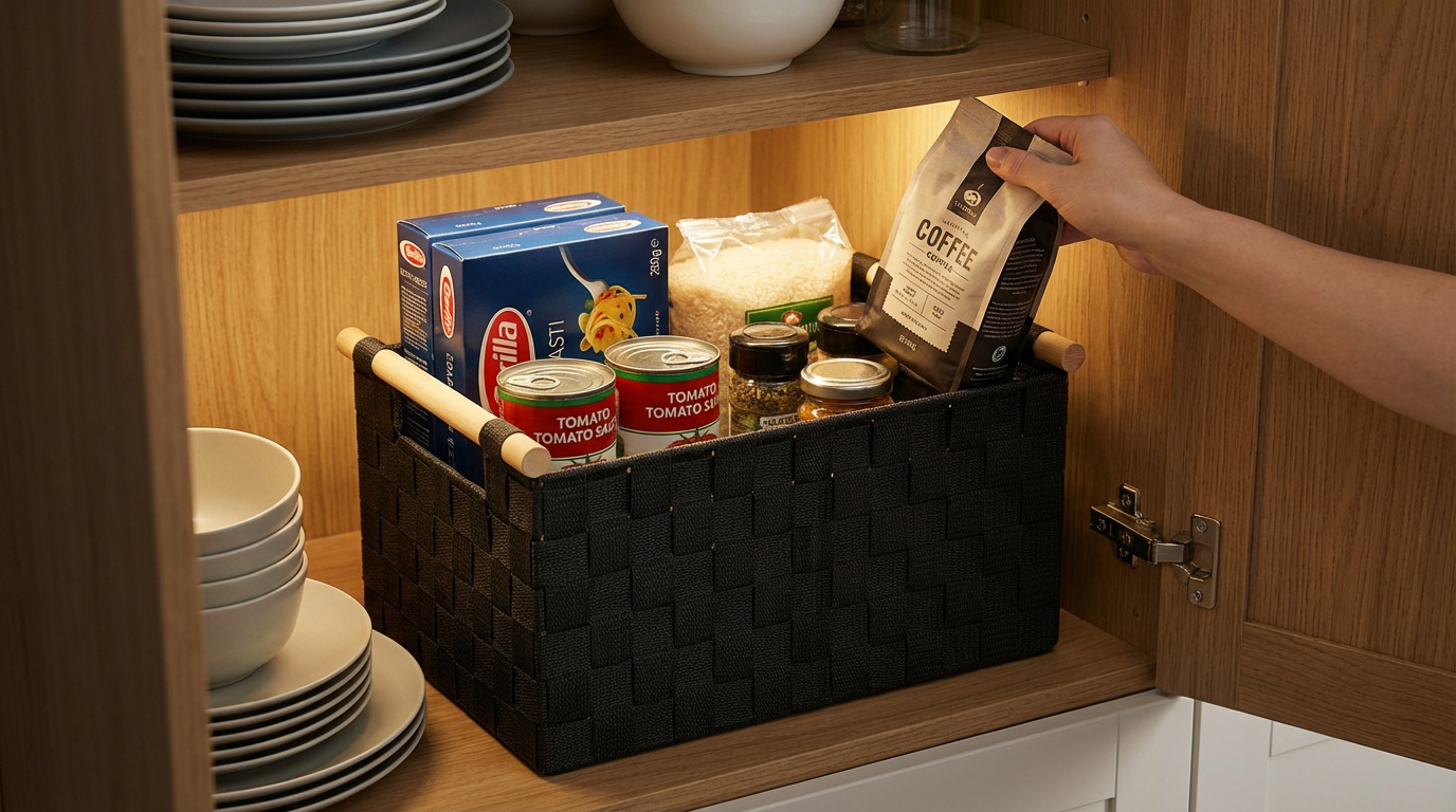Cesto preto com alças de madeira contendo alimentos dentro de armário de cozinha em madeira clara