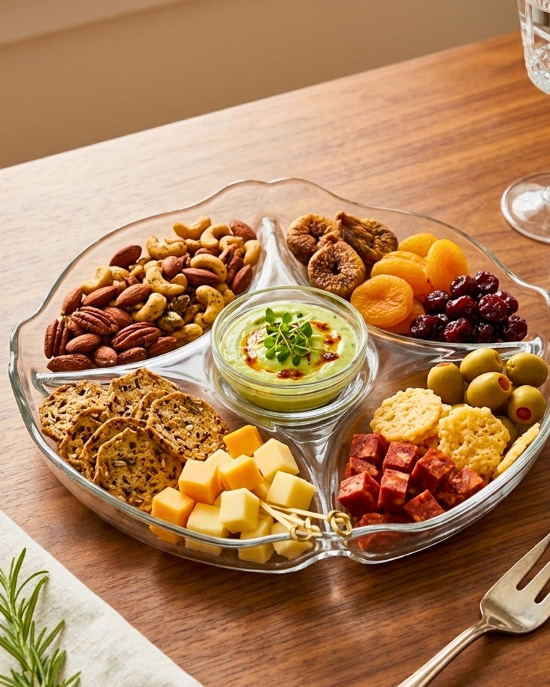 Tabuleiro de vidro com frutos secos, azeitonas, queijos, bolachas e chouriço