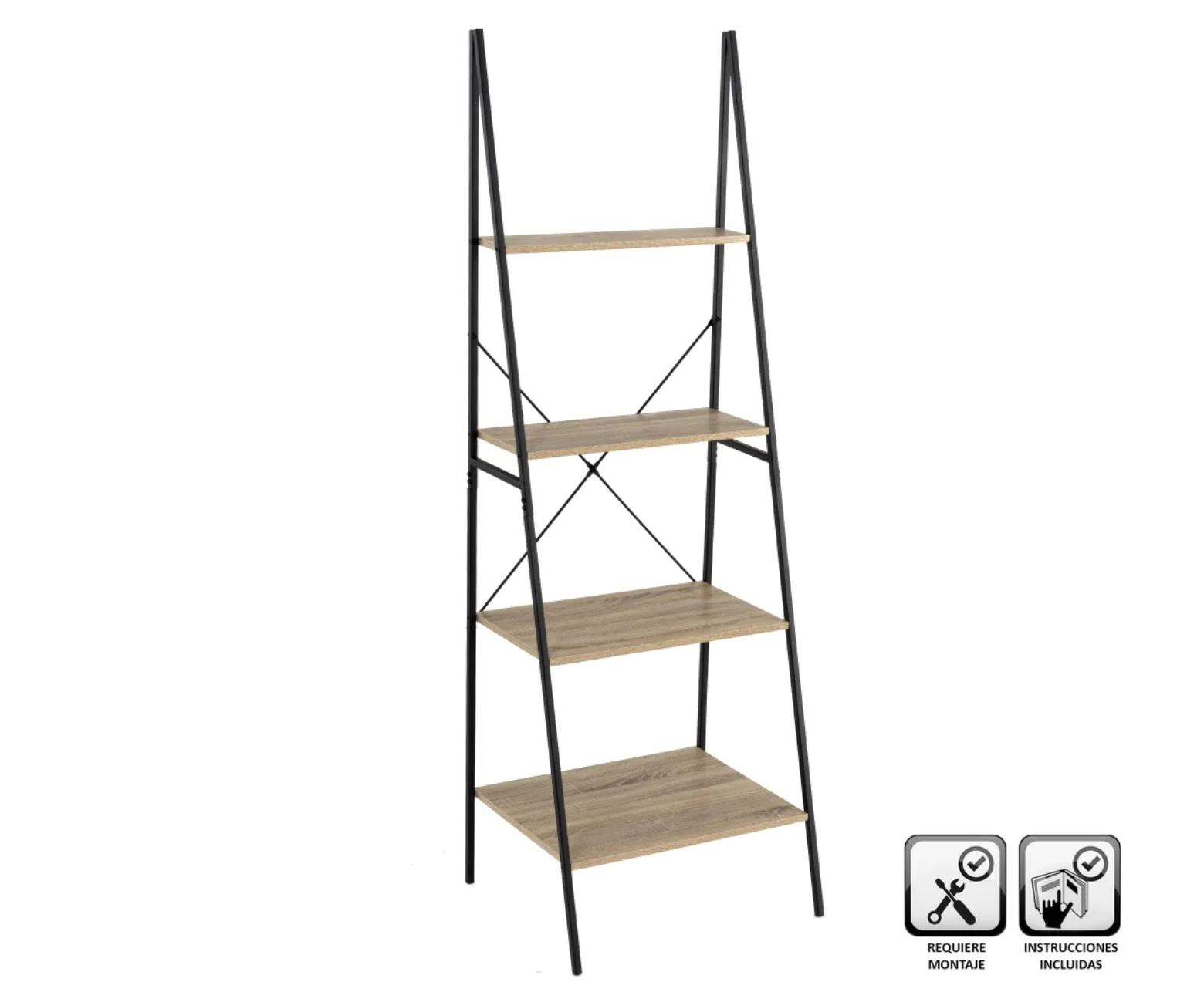 Estante preta com prateleiras de madeira clara em fundo branco