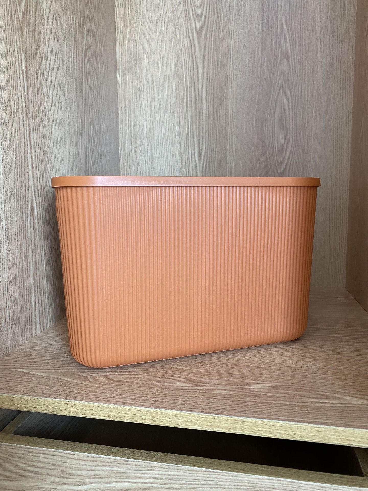Recipiente retangular de plástico terracota com textura de linhas verticais numa prateleira de madeira.