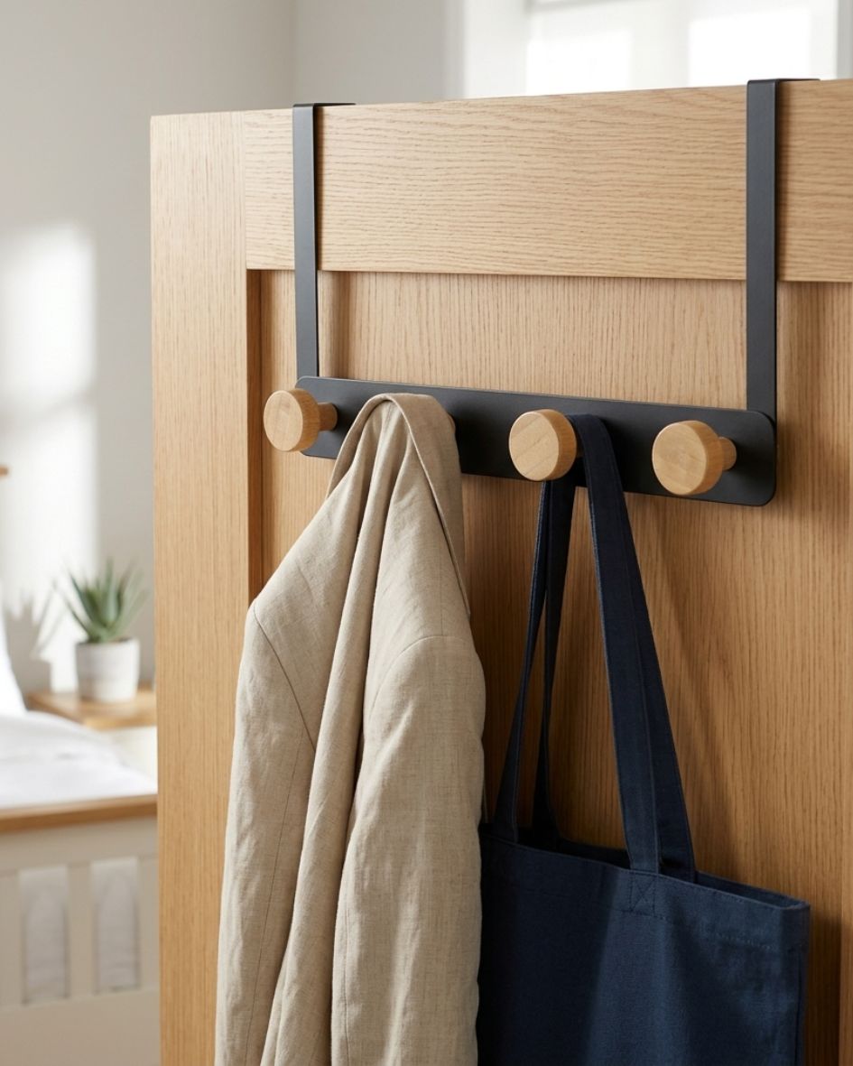 Cabide metálico com ganchos de madeira numa porta com casaco e bolsa pendurados
