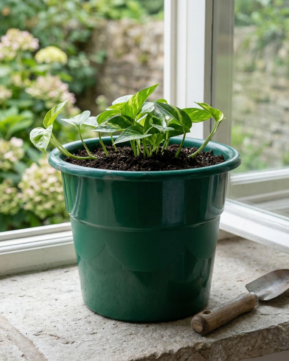 Vaso verde com planta verde ao lado de janela em peitoril de pedra com pá de jardinagem