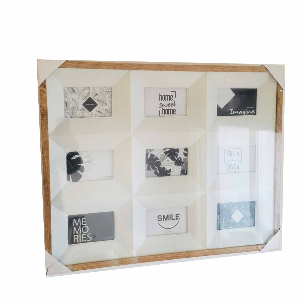 Conjunto de nove molduras para fotos em madeira clara com mensagens em preto e branco