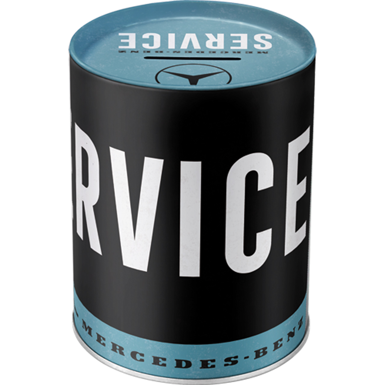 Lata cilíndrica preta com tampa azul claro e inscrições brancas e azuis.
