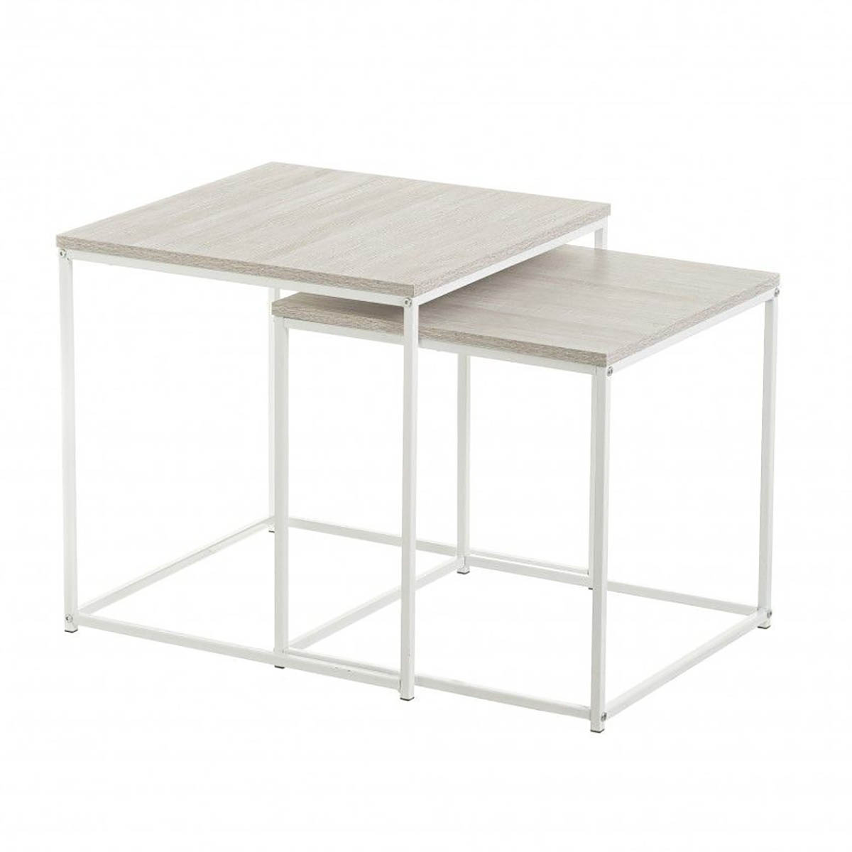 Conjunto de duas mesas quadradas de madeira clara com estrutura branca