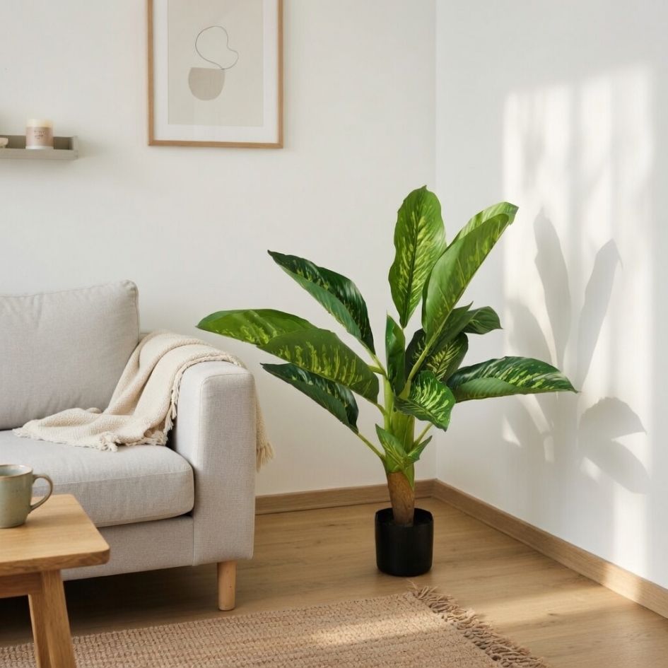 Planta artificial verde em vaso preto num canto de sala com sofá cinzento e mesa de madeira