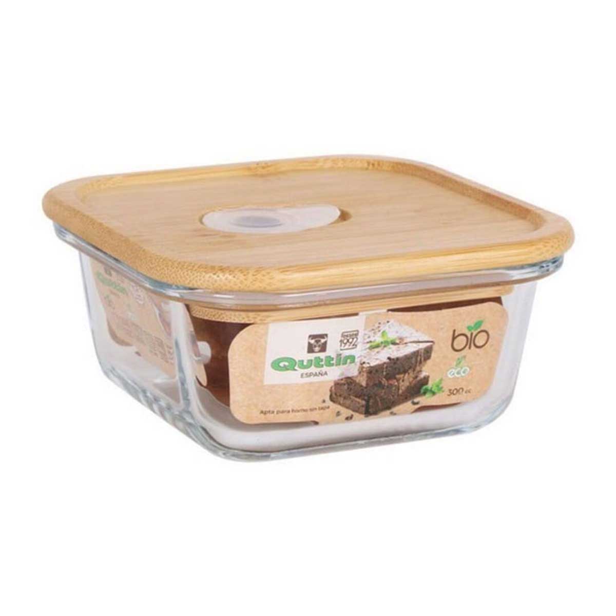 Recipiente quadrado de vidro com tampa de madeira clara e etiqueta Quttin