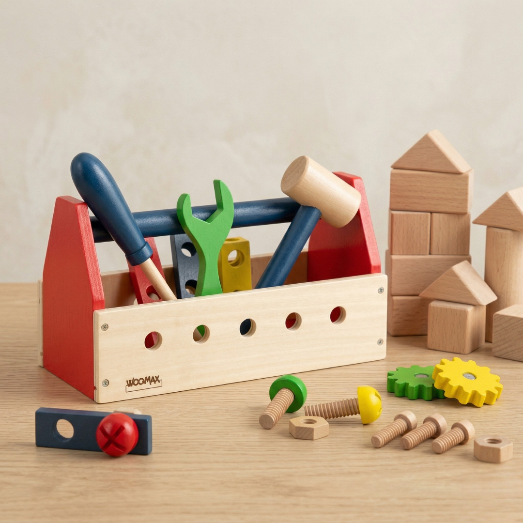 Caixa de ferramentas de brinquedo de madeira colorida com ferramentas e blocos de construção de madeira.