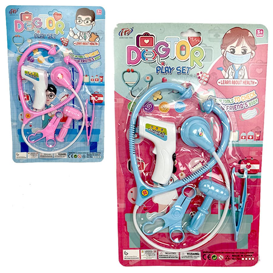 Brinquedos conjunto médico rosa e azul com instrumentos em embalagens com texto DOGIOR PLAY SET