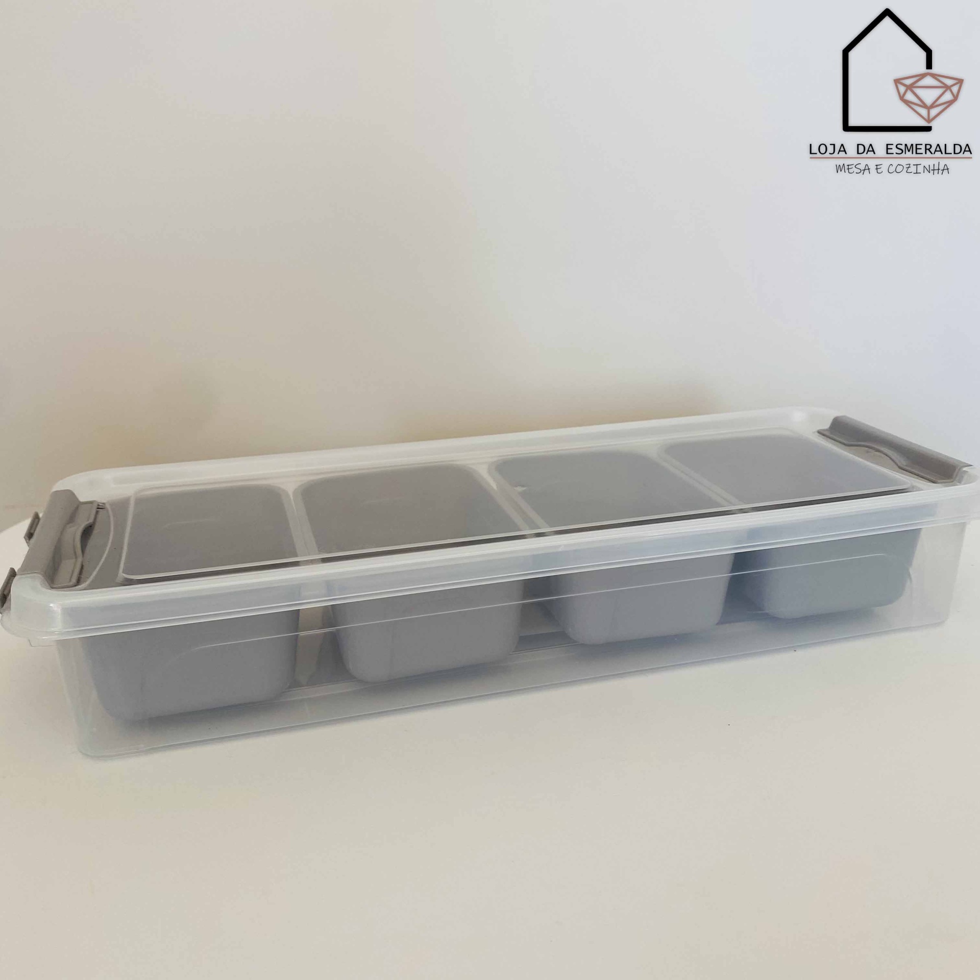 Caixa organizadora cinzenta com tampa transparente e fechos cinzentos