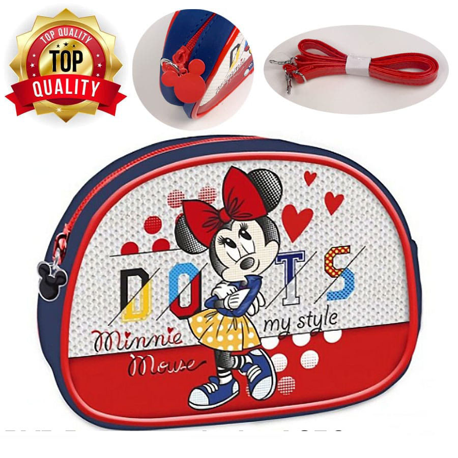 Mala infantil Minnie Mouse vermelha, azul e branca com ilustração e texto