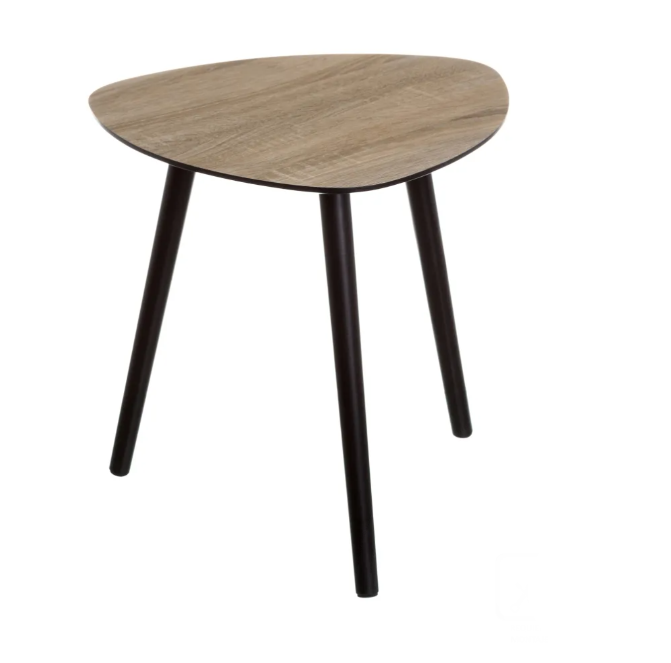 Mesa de apoio com tampo de madeira clara e pernas pretas