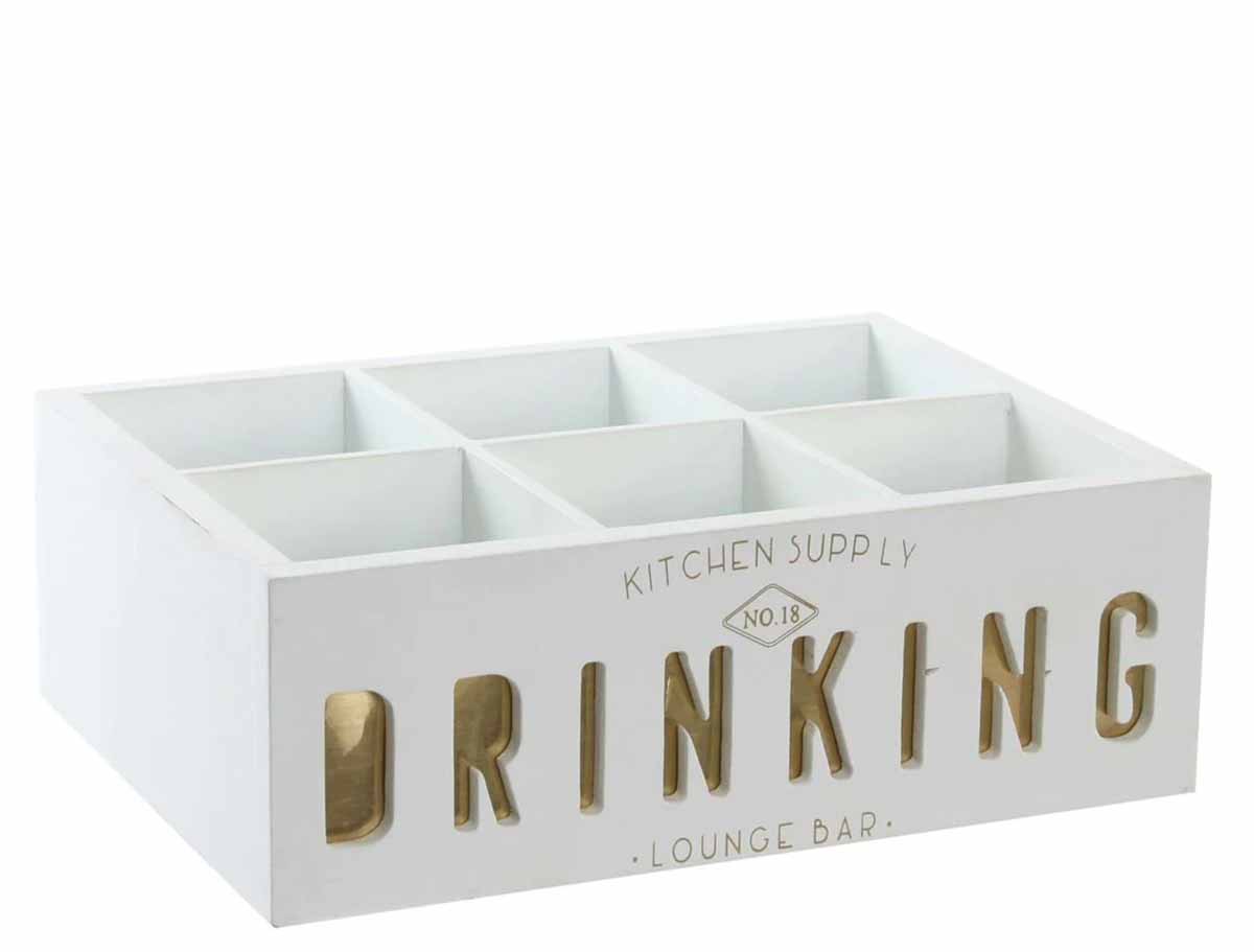 Porta-copos branco em madeira com texto dourado decoration