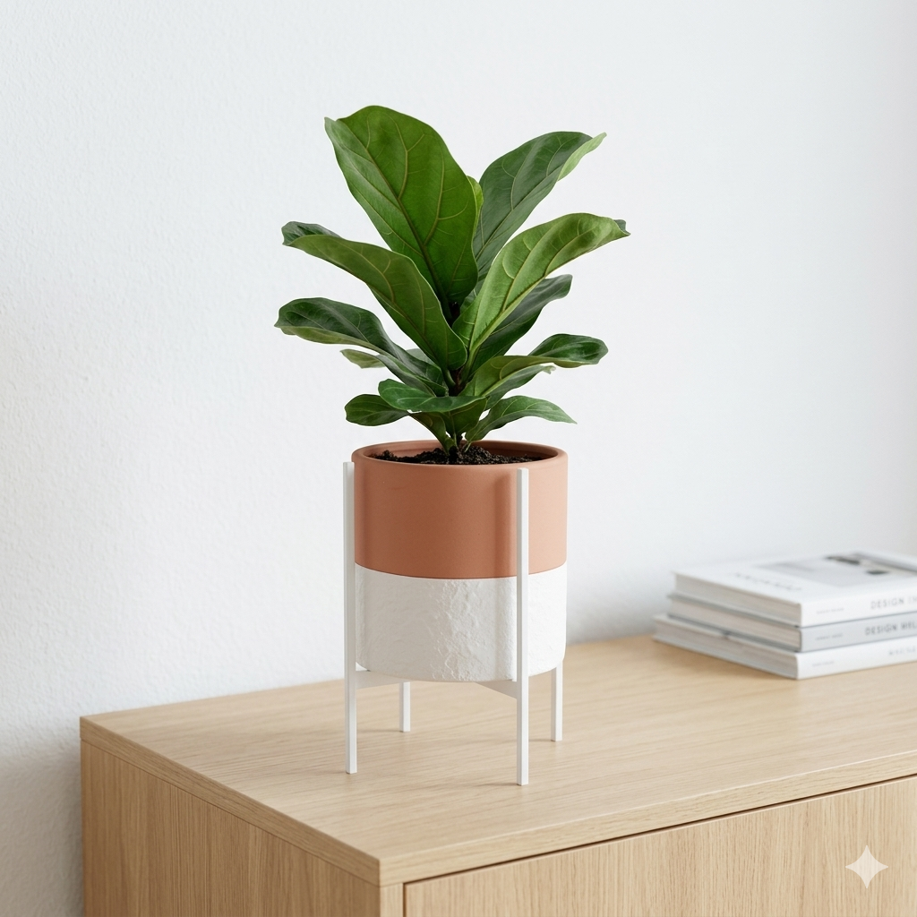 Planta em vaso bicolor com suporte metálico em cima de móvel de madeira ao lado de livros.