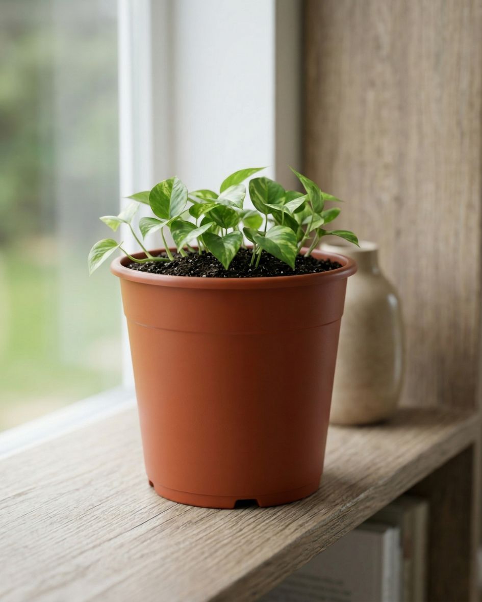 Planta verde em vaso de plástico castanho na prateleira de madeira junto à janela
