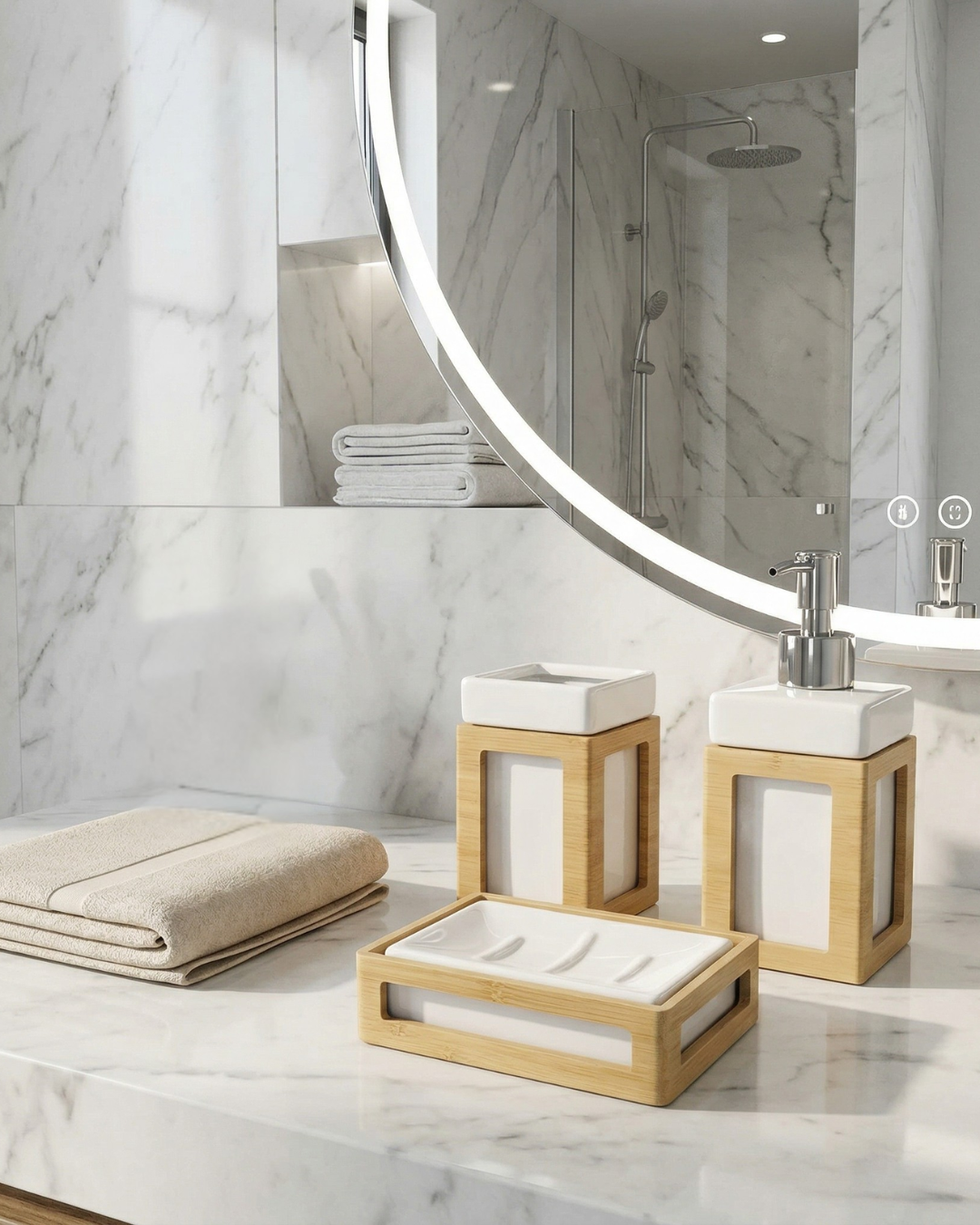 Conjunto de acessórios de casa de banho de madeira clara e cerâmica branca sobre bancada de mármore branco