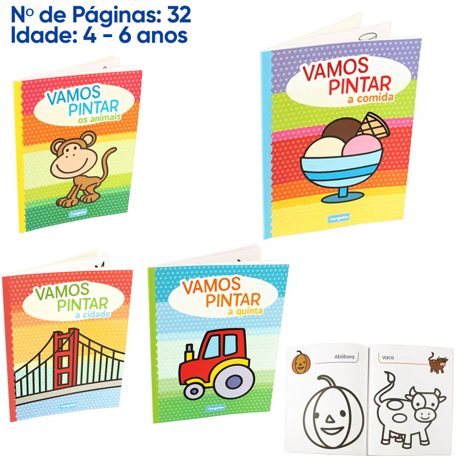 Livros infantis de colorir com temas animais, comida, cidade, quinta para idades 4-6 anos