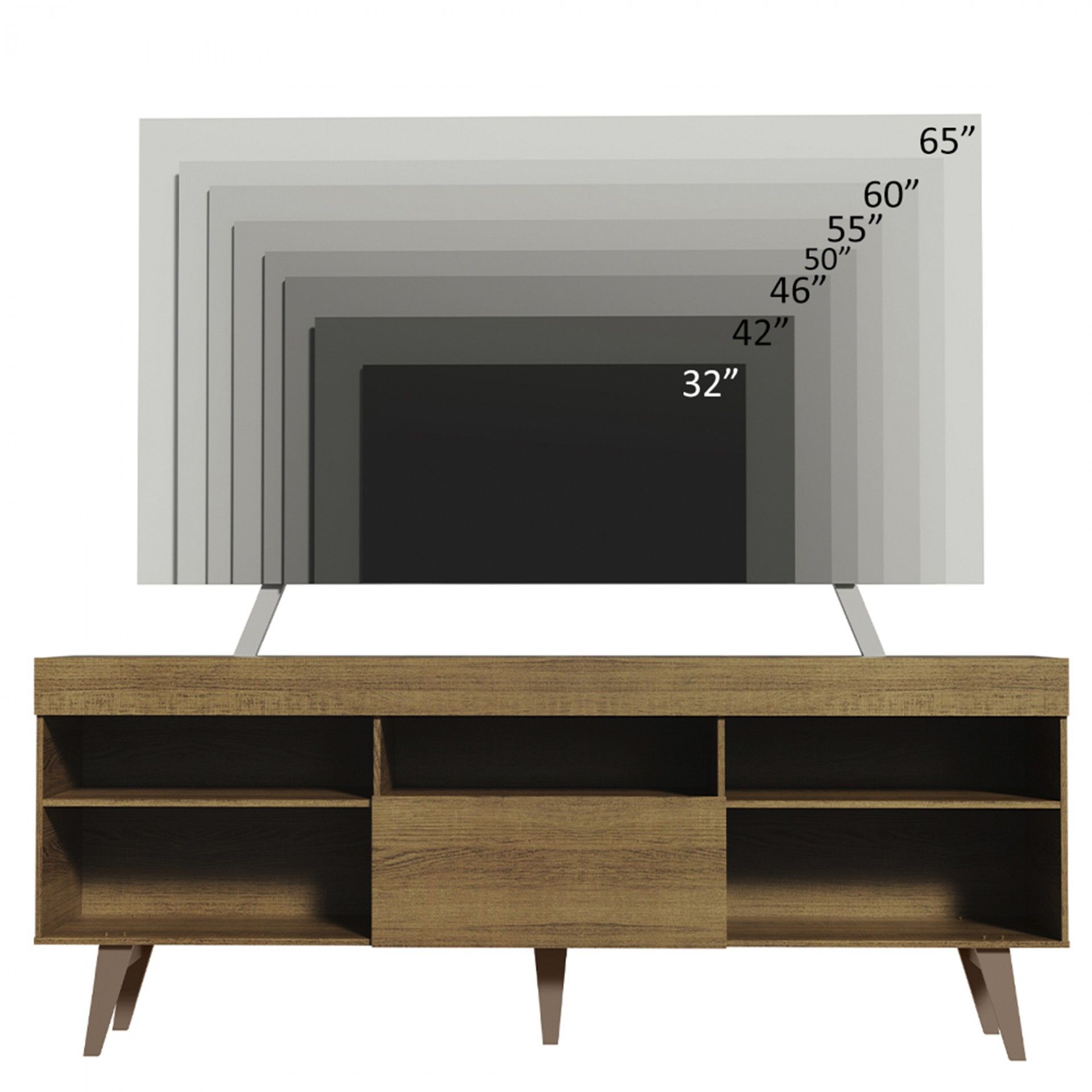Móvel de televisão em madeira clara com tamanhos de televisores indicados sobrepostos