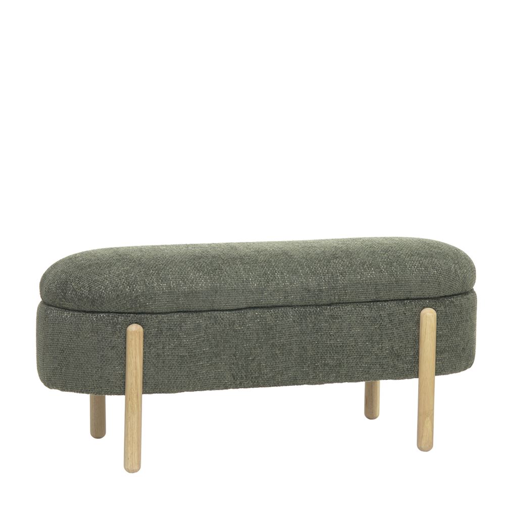 Banco estofado cinza verde com pernas de madeira clara