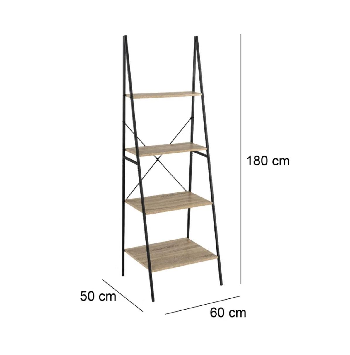 Estante metálica preta com prateleiras de madeira castanha de 4 níveis em fundo branco
