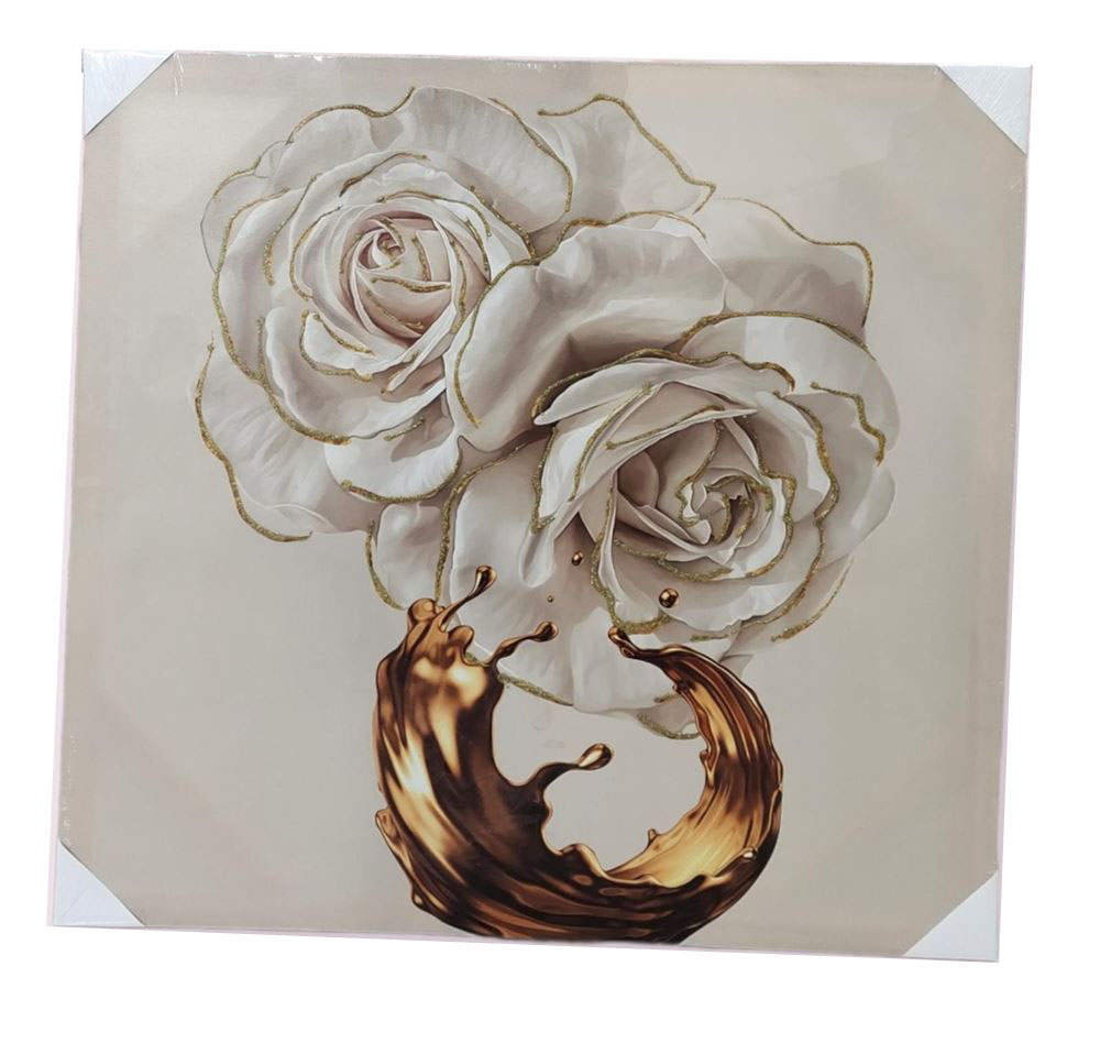 Quadro decorativo com duas rosas claras e detalhe dourado