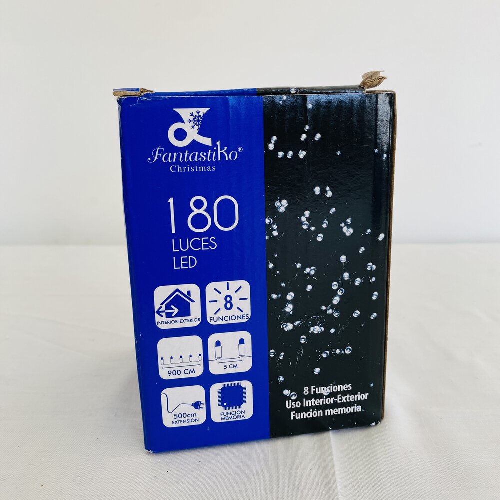 Caixa azul de luzes LED Fantastiko Christmas com 180 luzes e 8 funções.