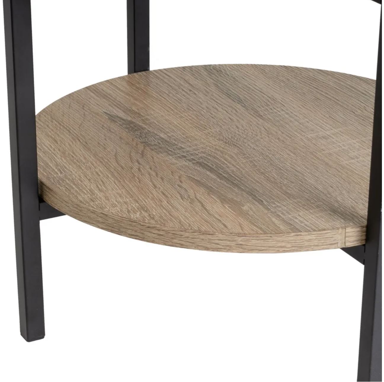 Prateleira redonda em madeira clara com suportes metálicos pretos