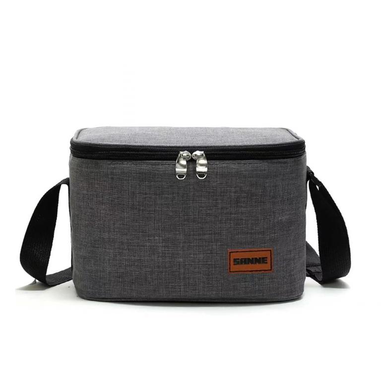 Bolsa térmica cinza com zíper preto e alça preta