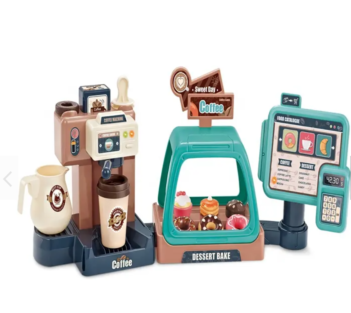 Brinquedo de café com máquina, bolos e ecrã digital
