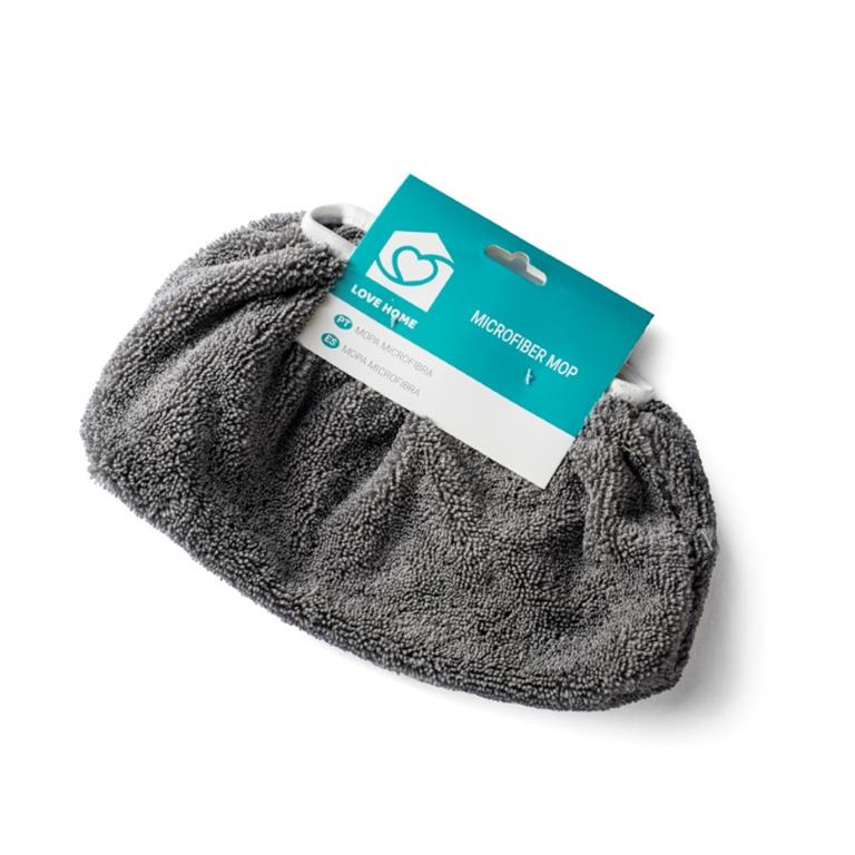 Pano de microfibra cinzento para esfregona com etiqueta azul e branca