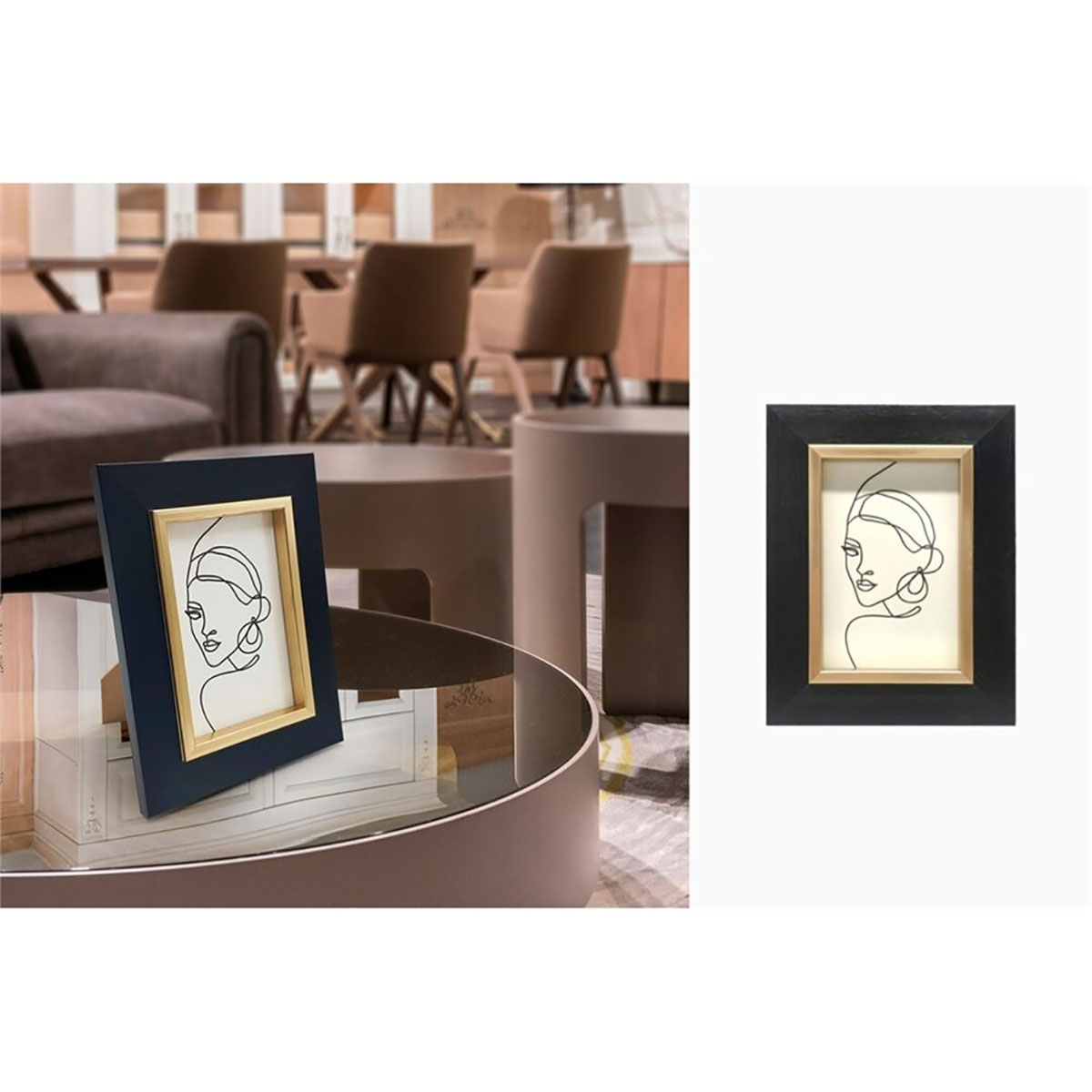 Moldura preta com ilustração de rosto feminino em linha contínua.