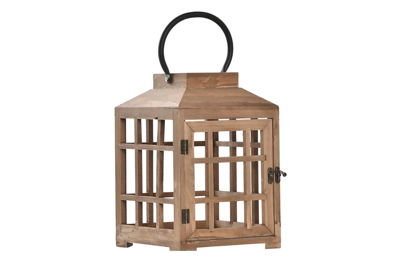 Lanterna de madeira clara com alça preta e porta de grelha