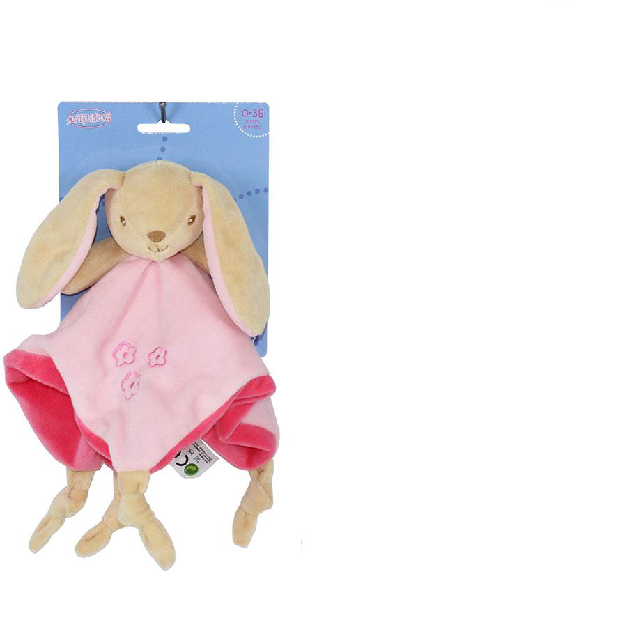 Cobertor de peluche em forma de coelho bege com tecido rosa e bordado de flores