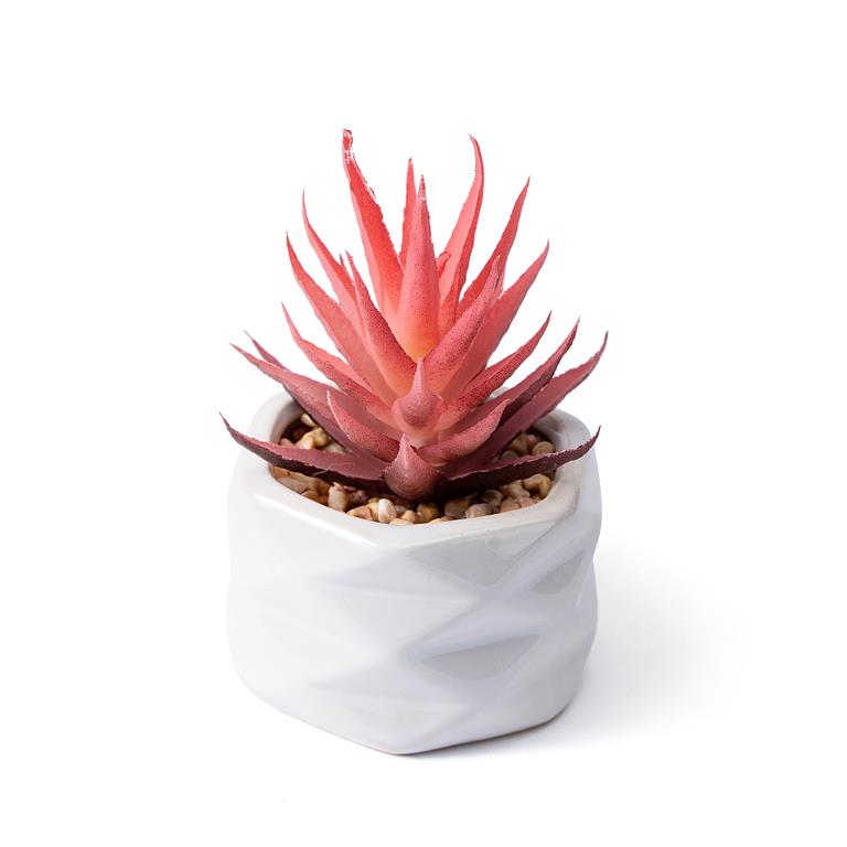 Planta suculenta artificial vermelha em vaso de cerâmica branco