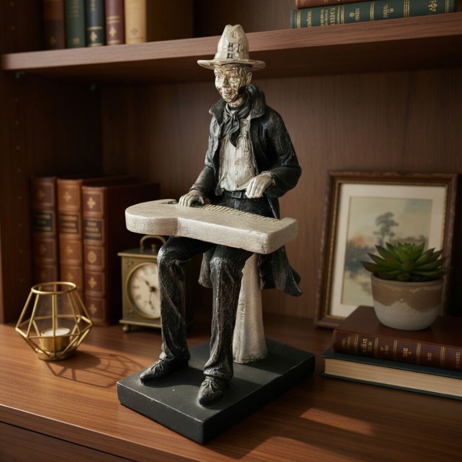 Escultura de homem com chapéu e casaco a tocar instrumento numa estante com livros e objetos decorativos
