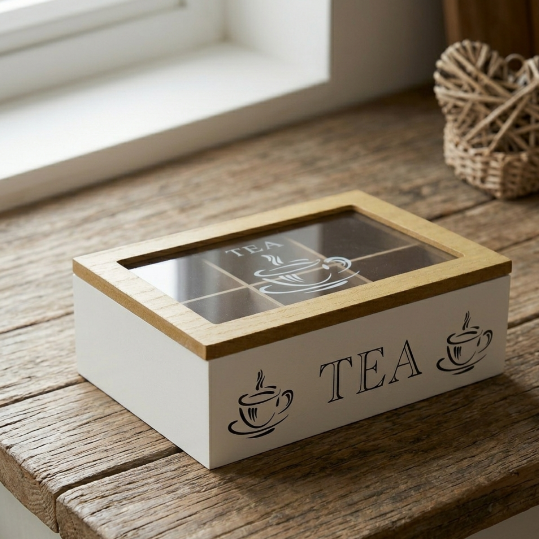 Caixa organizadora para chá em madeira com tampa de vidro e decoração de chávenas