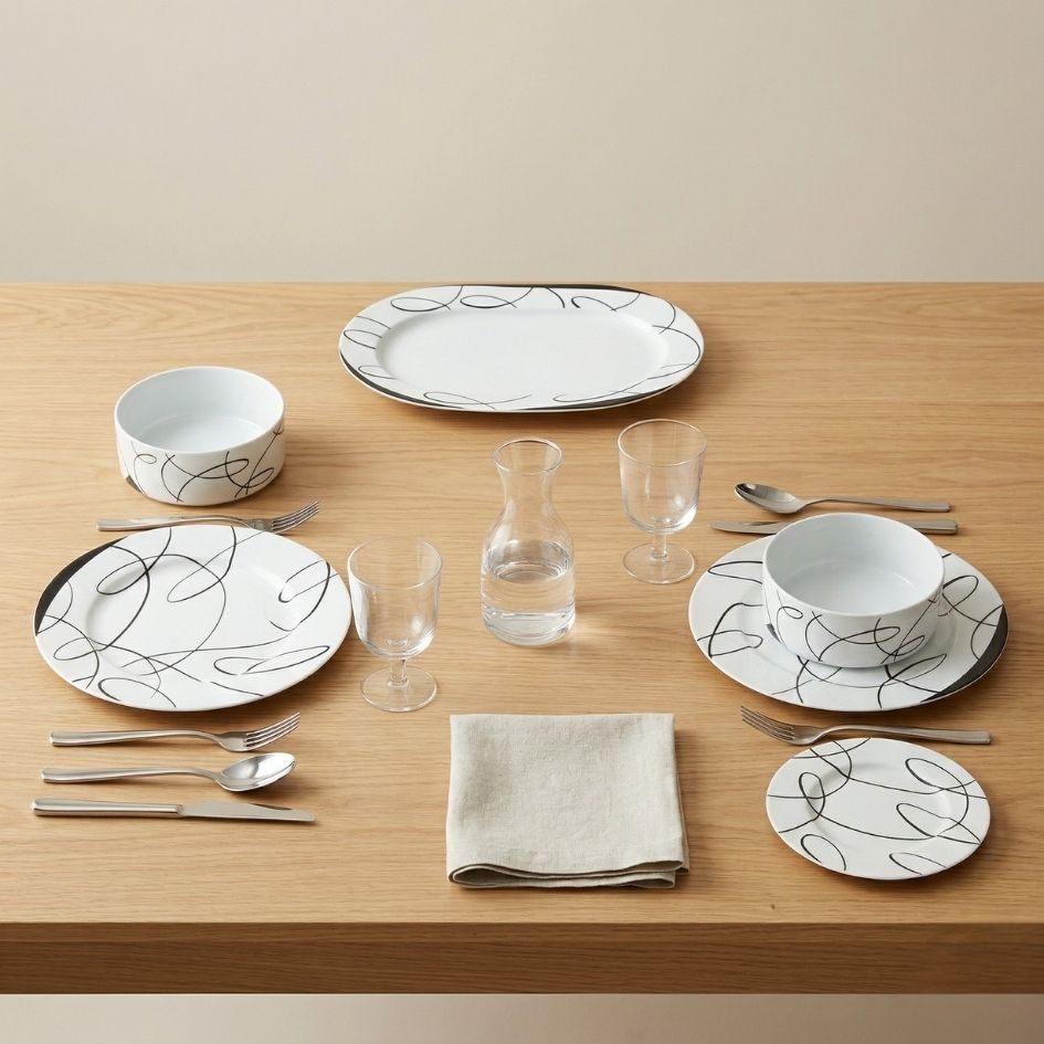 Mesa posta com conjunto de loiça branca com linhas pretas, copos, garrafa de vidro e talheres