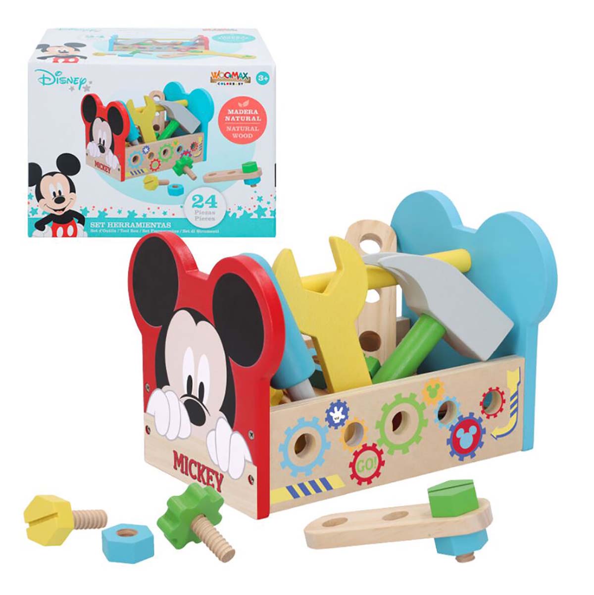 Caixa de ferramentas de madeira crianças tema Mickey com várias peças coloridas