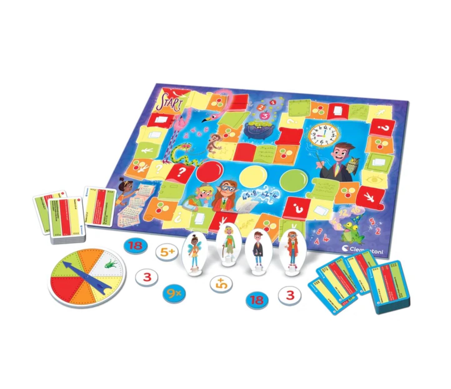 Jogo de tabuleiro colorido com peças e cartas