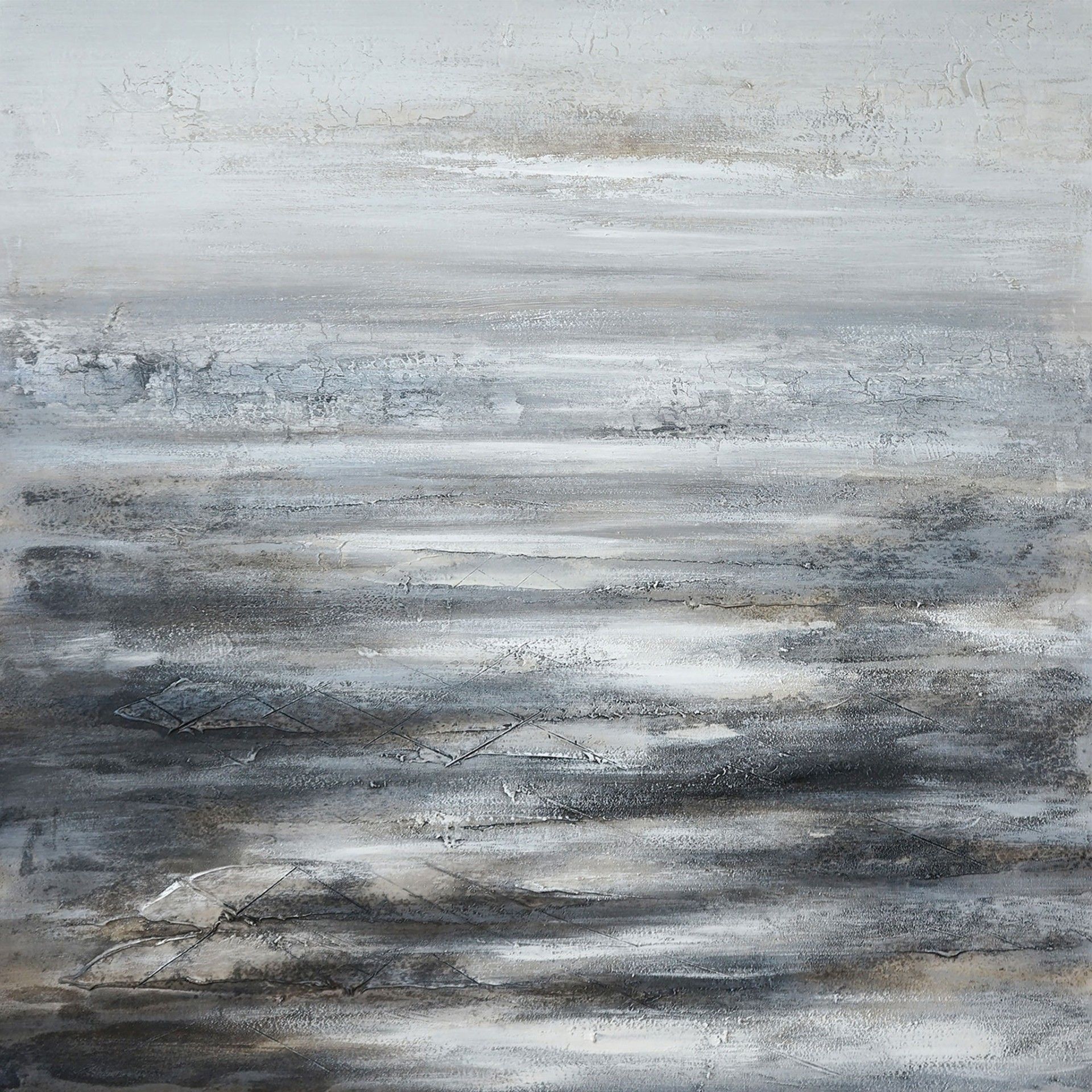 Pintura abstrata com tons cinza, preto, branco e castanho e textura em movimentos horizontais