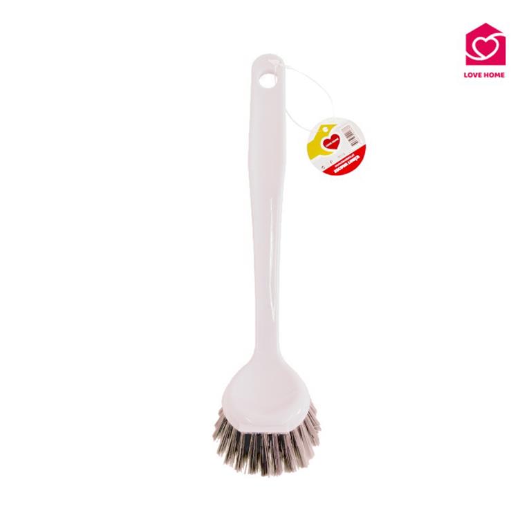 Escova de limpeza branca com cerdas cinzentas e etiqueta redonda pendurada no cabo