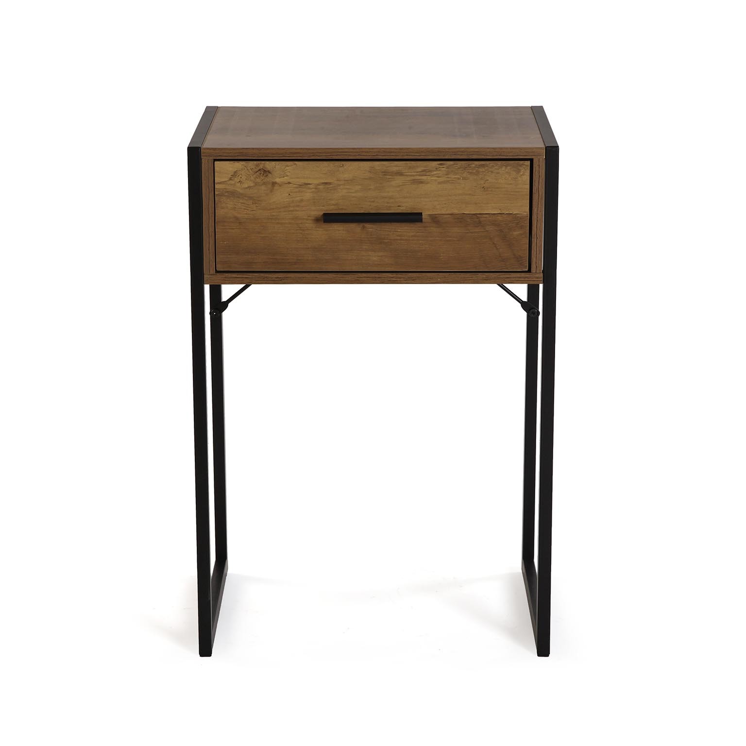 Mesa de apoio com tampos e gaveta de madeira, estrutura metálica preta