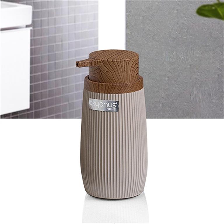 Dispensador de sabonete com tampa madeira e corpo cinzento texturizado