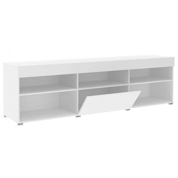 Móvel para TV branco com compartimentos abertos e porta basculante