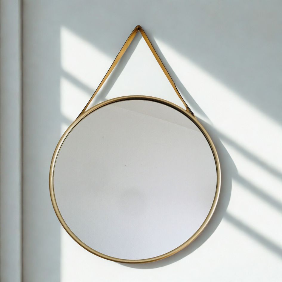 Espelho redondo com moldura dourada pendurado na parede