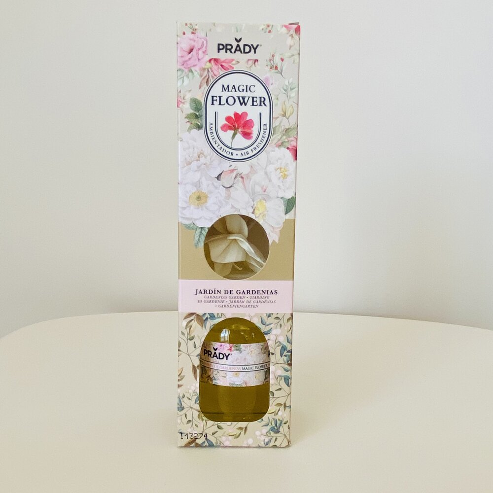 Embalagem floral com frasco amarelo de perfume ou essência PRADY Magic Flower Jardim de Gardenias