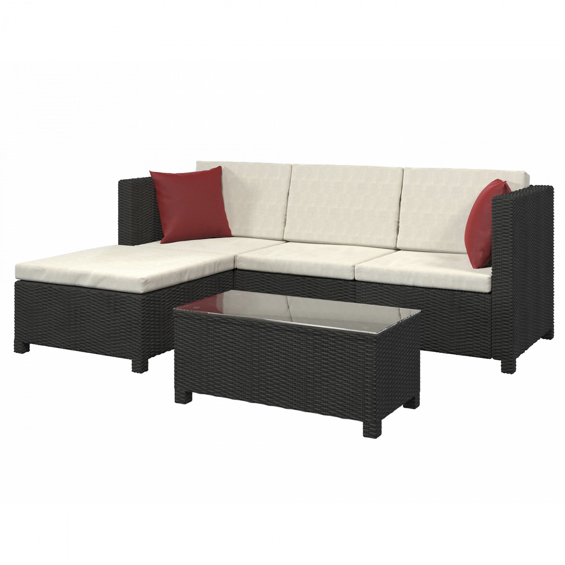 Conjunto de mobiliário de exterior com sofá canto em rattan preto e almofadas brancas e vermelhas.