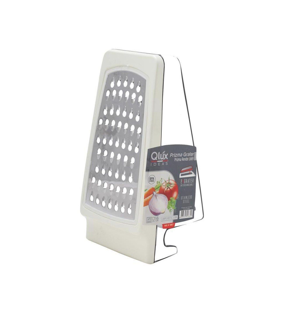 Ralador de queijo ou legumes Qlux com estrutura branca e etiqueta colorida