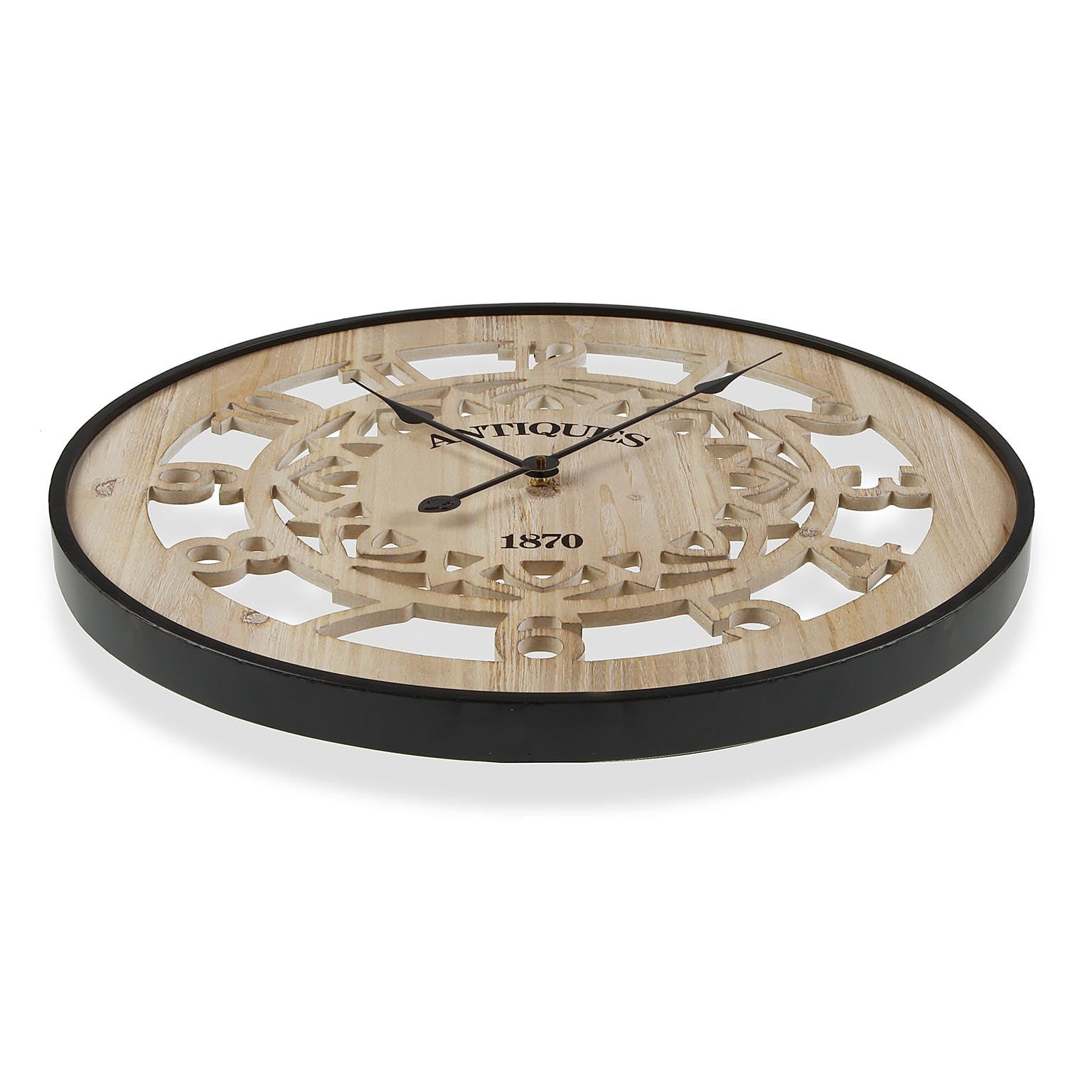 Relógio de parede redondo com número romanos em madeira e moldura preta